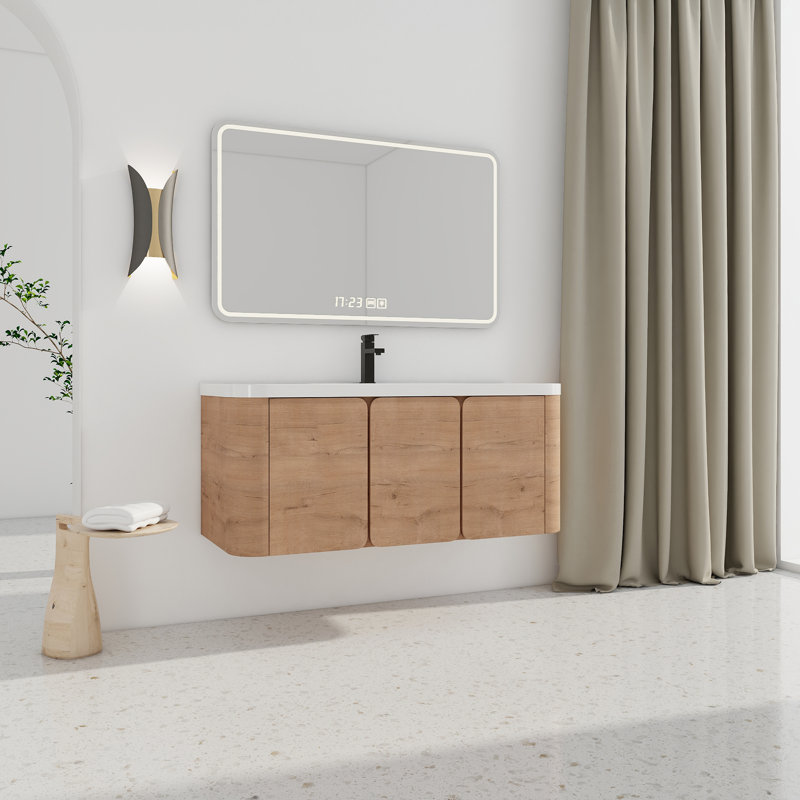 Meuble-lavabo mural 48 po avec lavabo en résine blanche et 3 portes à fermeture douce, 48"