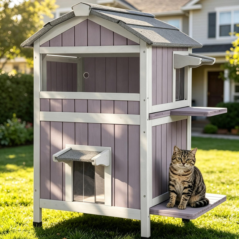 Maison de chat chauffée pour l'extérieur, abri pour chat à 2 niveaux résistant aux intempéries, coussin chauffant de sécurité, doublure isolée, toit en asphalte, rideau en PVC, base de 3,6 po, deux niveaux, portes latérales, sorties pour chats d'extérieur