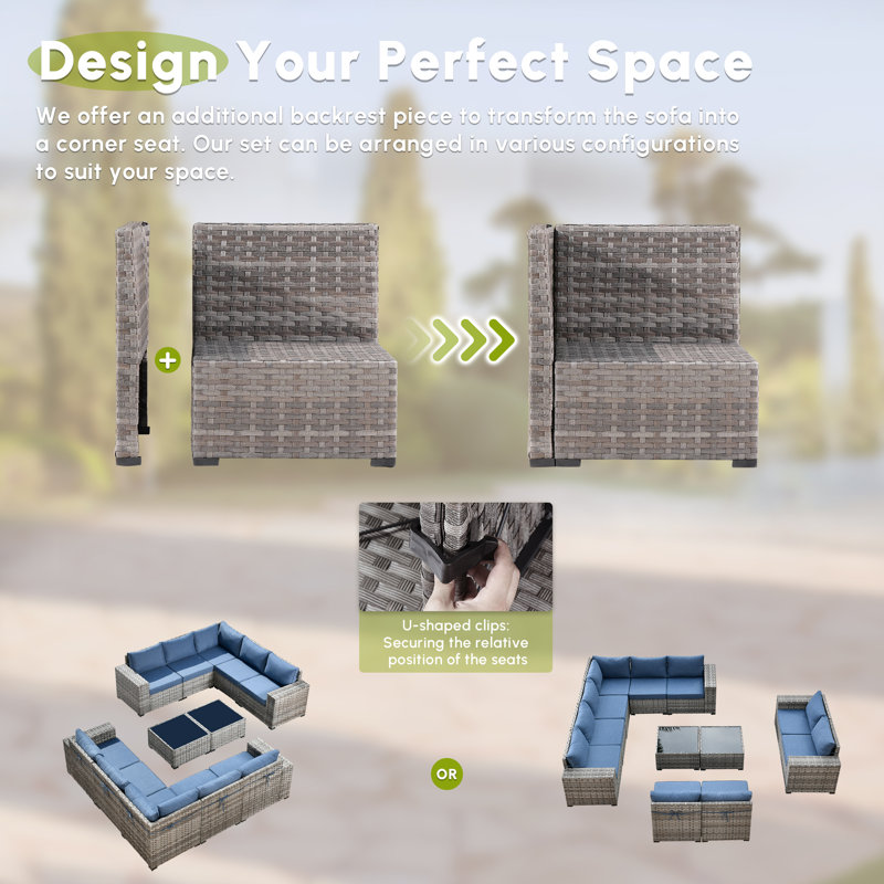 Ensemble de conversation modulaire en osier pour l'extérieur avec coussins et table de foyer pour 10 personnes, Bleu denim