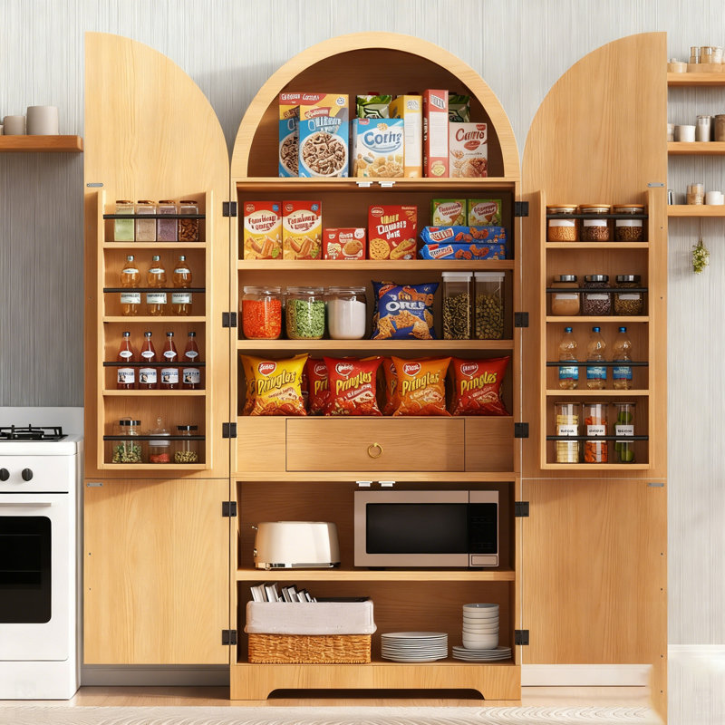 Tall Arched Kitchen Pantry Cabinet With 8 Door Shelves, Adjustable Shelves, Hidden Drawer, And Versatile Storage For Kitchen, Dining, And Bath Room