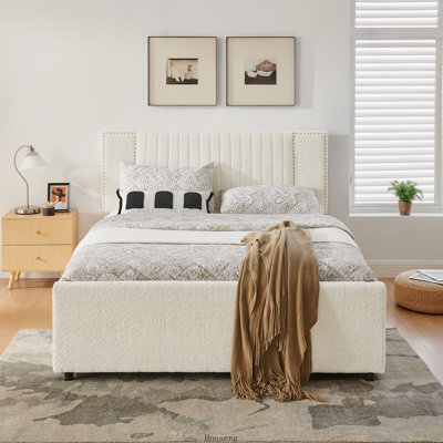 Full Size Vertical Channel Tufted Upholstered Bed, Nailhead Trim, 2 Storage Drawers & Pull-Out Trundle, Chenille Fabric, Multi-Purpose Bedroom Frame