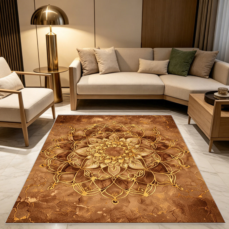 Brown Gold Mandala Marble   area rugs for Living Room, Soft and Comfortable, Suitable for all seasons, easy to maintain, machine washable Indoor floor mat, Under Table Farmhouse suitable for Bedroom, Dining Room, Study,  Balcony, Home Decor Patio