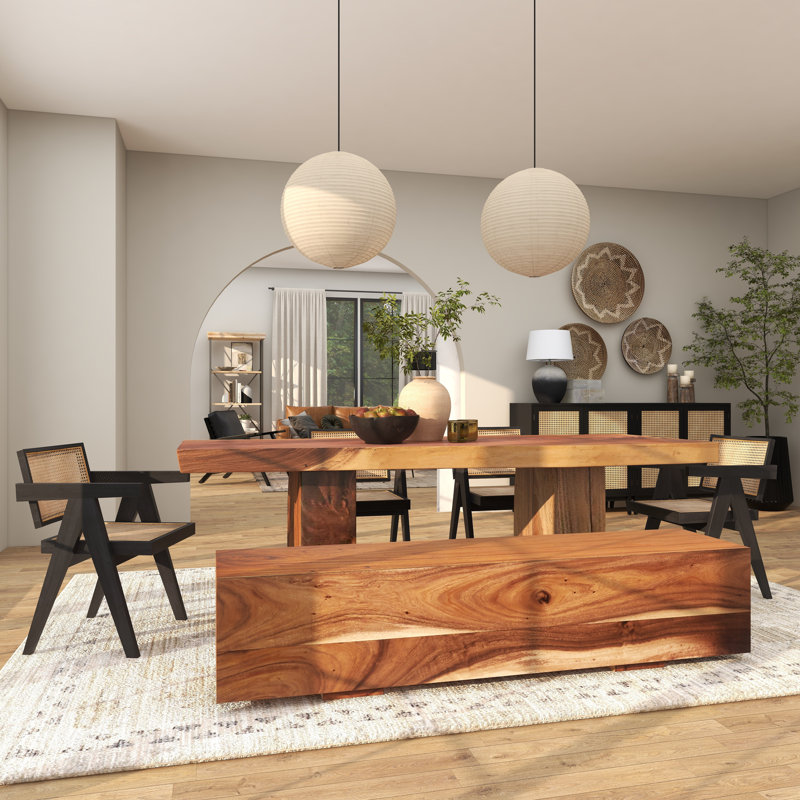 Light Brown Reclaimed Wood Live Edge Dining Table with Block Base