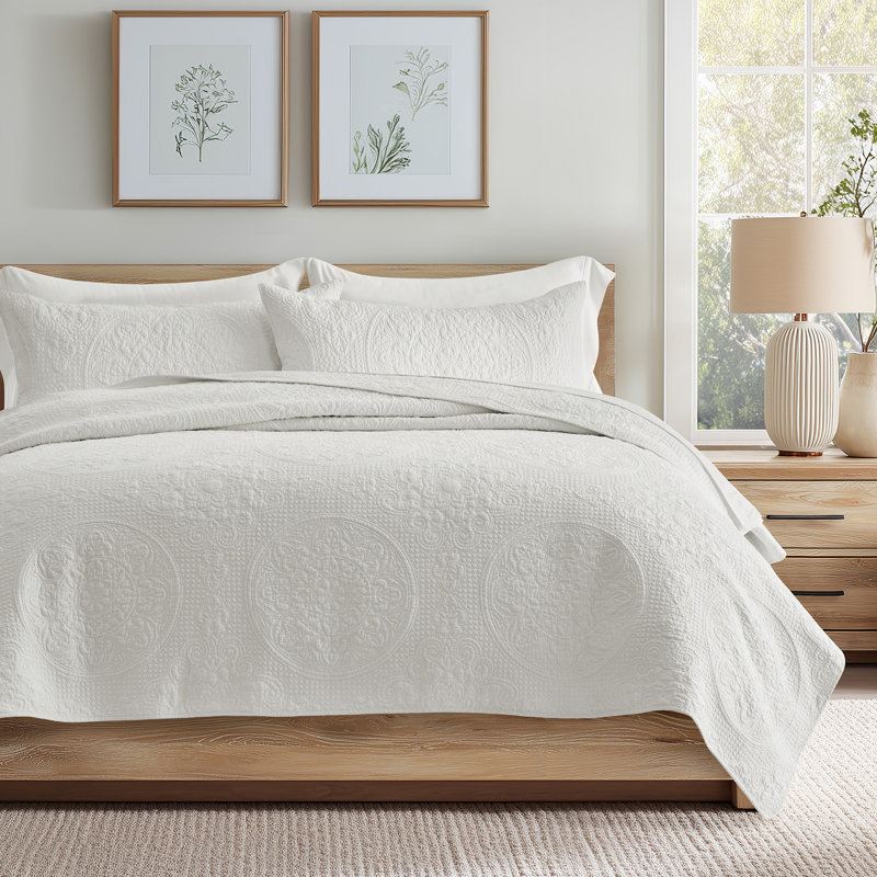 Evergrace Medallion Stitch Cotton Quilt Set - 3-Piece Quilted Bedding Set With Pillow Shams, Lightweight Breathable All-Season Bedspread Coverlet, 100% Cotton, Pre-Washed, OEKO-TEX Certified, Skin-Friendly