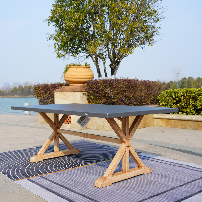 Table de salle à manger rectangulaire en aluminium avec trou pour parasol - Finition gris anthracite et teck (L 72,05 po x l 41,73 po x H 28,34 po)