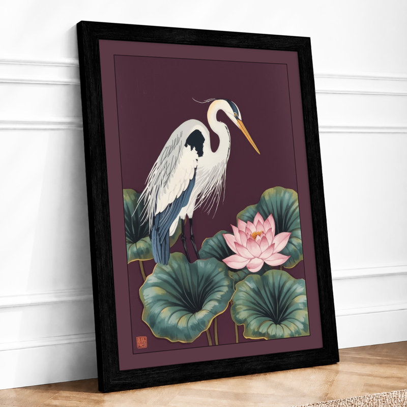 Heron Among Water Lilies Botanical - Framed Print, Black, A3 - 42.0 x 29.7 cm