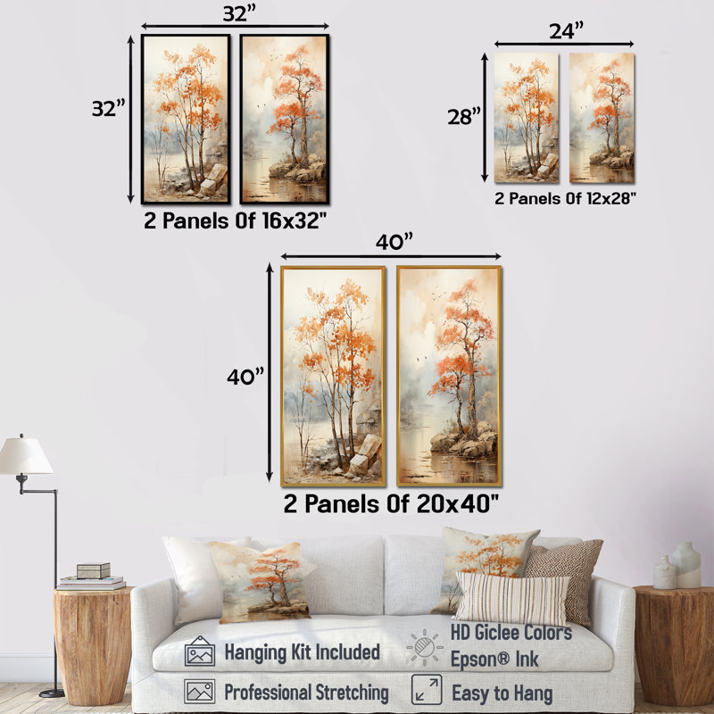 Érable de ton beige - ensemble de salon mural 2 pièces, H 28 po x l 25 po, Cadre flottant blanc