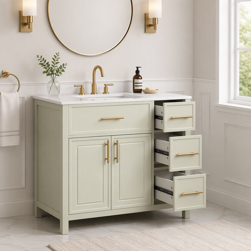 Meuble-lavabo 36 po avec comptoir d'évier, meuble-lavabo avec deux portes et trois tiroirs, bois massif, panneaux de fibres à densité moyenne, un paquet, blanc