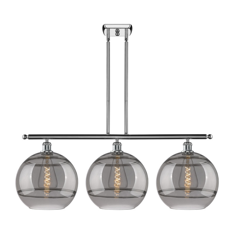 Luminaire suspendu pour îlot de cuisine à 3 lumières Chartoff, Chrome poli, Gris fumée clair