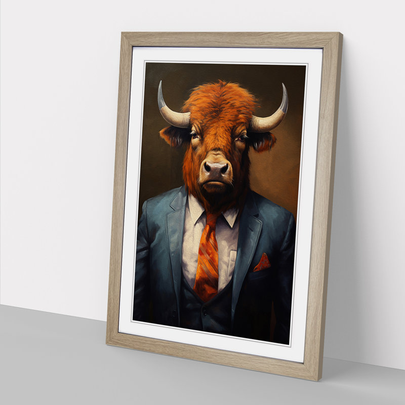 Buffalo In A Suit No.4 - Single Picture Frame Print on Wood, 46cm H x 34cm W x 2cm D, Oak 