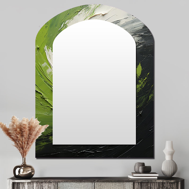 «Green Serene Spiral Dreams I» - miroir mural asymétrique à spirales abstraites, miroir décoratif à arche verte, impression sur métal
