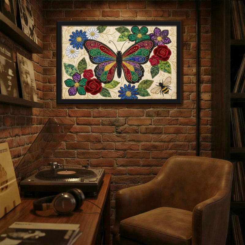 Animaux, papillon, fleurs, motif abeille, conception artistique, couleurs vibrantes, H 12 po x l 18 po