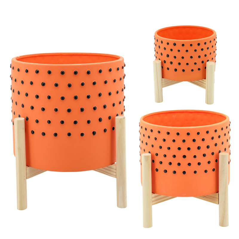 Modern Stoneware Ceramic Planter on Stand - Stylish Decorative Indoor/Outdoor Plant Pot with Elevated Design, Orange