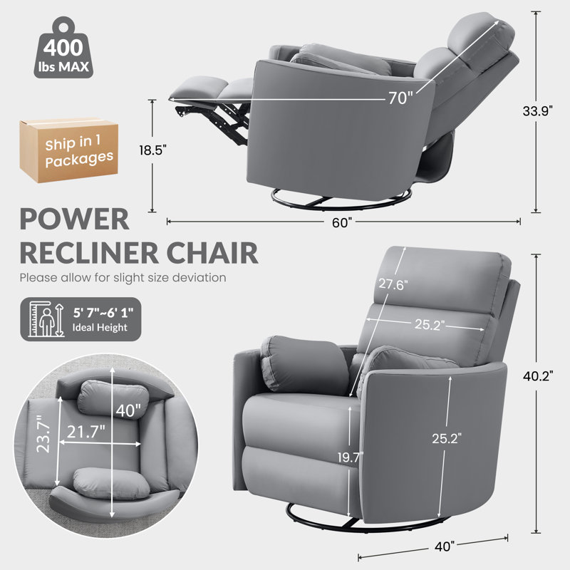 Fauteuil inclinable électrique pivotant de 40 po avec port USB et type C (ensemble de 2), Grey Corduroy