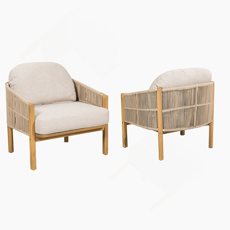 Fauteuil club d'extérieur en bois, corde beige avec coussin beige, ensemble de 2, Beige, Teck