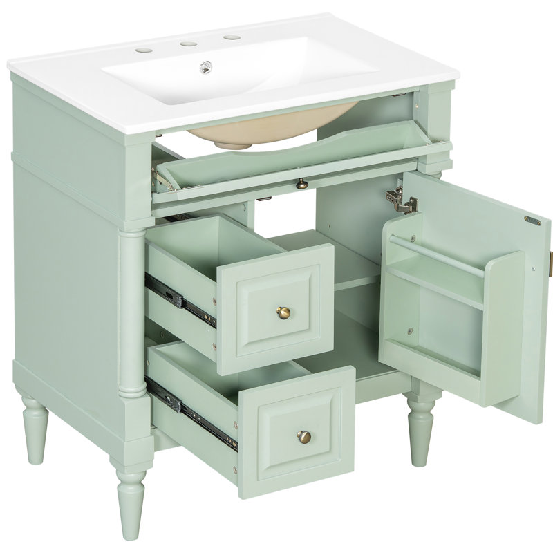 Meuble-lavabo autoportant de 76 cm (30 pouces) avec lavabo en céramique et rangements organisés. Meuble-lavabo de salle de bain de 76 cm (30 pouces) avec 3 tiroirs et portes coulissantes fonctionnelles.