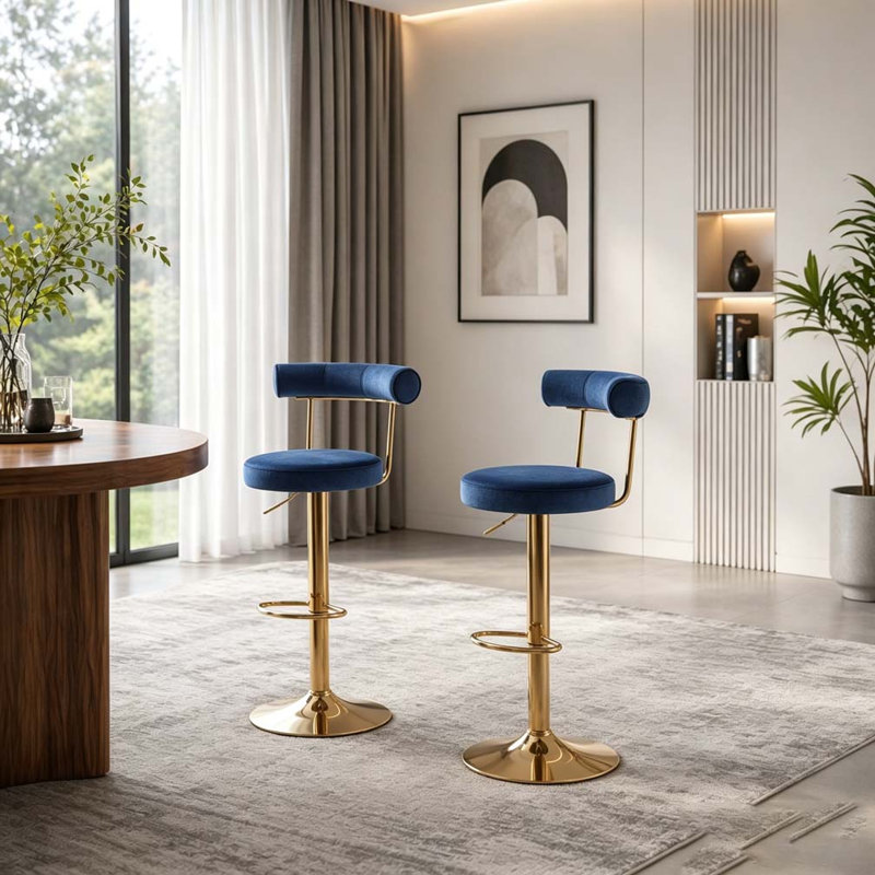 Chaise de bar pivotante rembourrée en velours doux, Bleu foncé + or