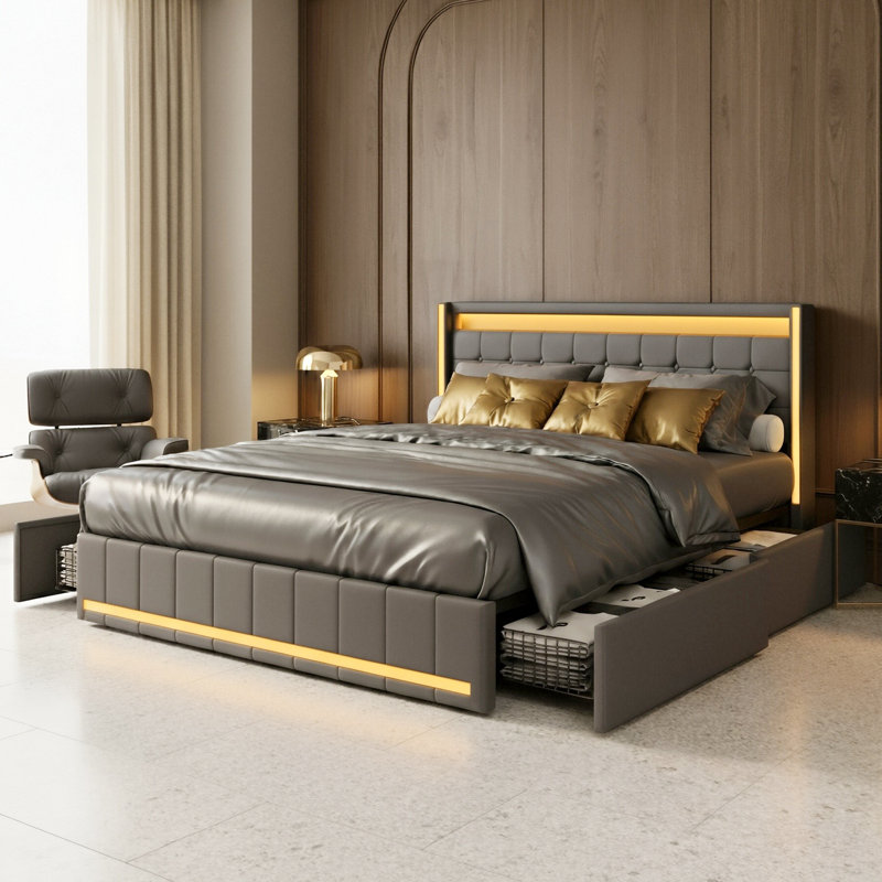 Storage Bed With 4 Drawers, USB Ports & LED Lights, Linen Upholstered Wingback Bed Frame, Grey & Beige, Grey