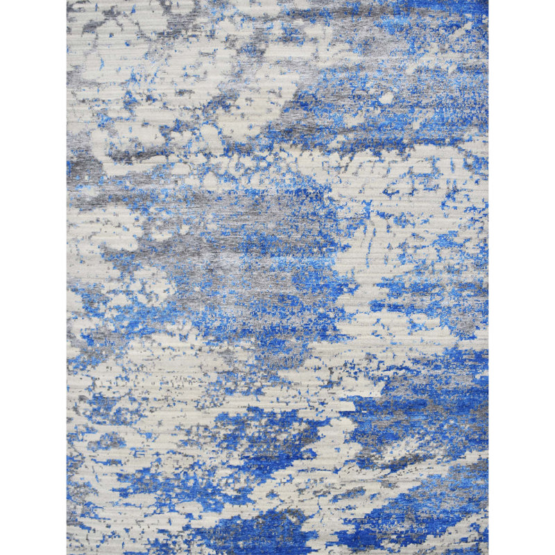 Tapis rectangulaire en laine / viscose tissé à la main en bleu / blanc / gris, Rectangle 6 pi x 9 pi
