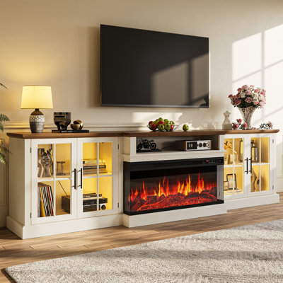98" Farmhouse Fireplace TV Stand for TVs Up to 100"+, Extra Large Entertainment Center with 3-Sided Electric Fireplace, LED Lights, Glass Cabinets & Adjustable Storage Shelves
