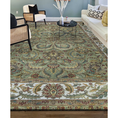 Tapis vert et ivoire de haute qualité noué à la main Trinity
