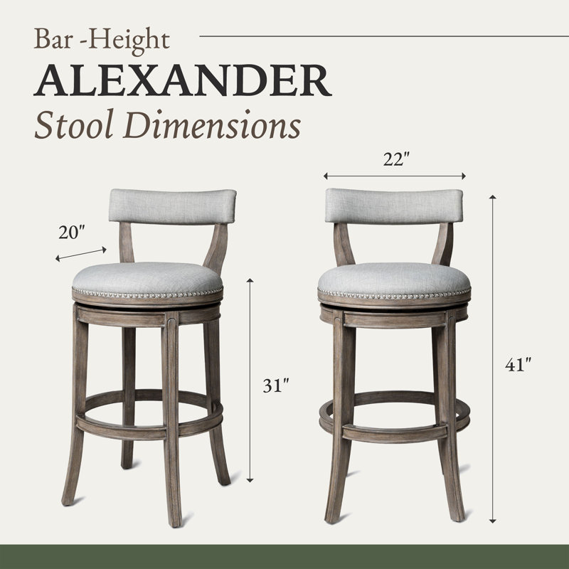 Alexander Reclaimed Oak Swivel Bar Stool with Ash Grey Upholstery
