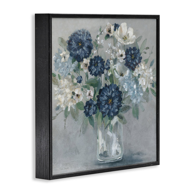 «Blue Mums Mixed Bouquet», dessin par Carol Robinson, H 17 po x l 17 po, Giclée encadrée noir minuit