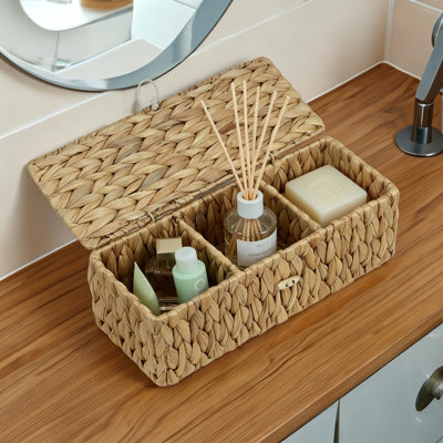 Panier de rangement Water Hyacinth avec couvercle, organisateur rectangulaire en osier tissé avec 3 sections, boîte décorative pour les collations, les jouets et la salle de bain