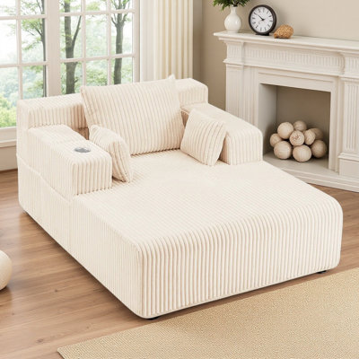 49" W Oversized Corduroy Chaise Lounge Sofa Deep Seat Couch Upholstered Sofa Bed with 1 Cup Holders & 4 Side Pockets - No Assembly Required