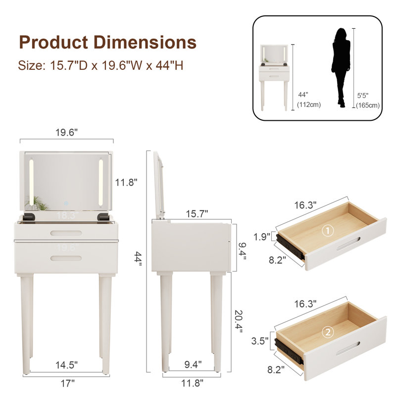 Solid Wood Makeup Vanity with Flip Top Mirror & 3 Adjustable Lighting Modes, Simple Leg Installation, White