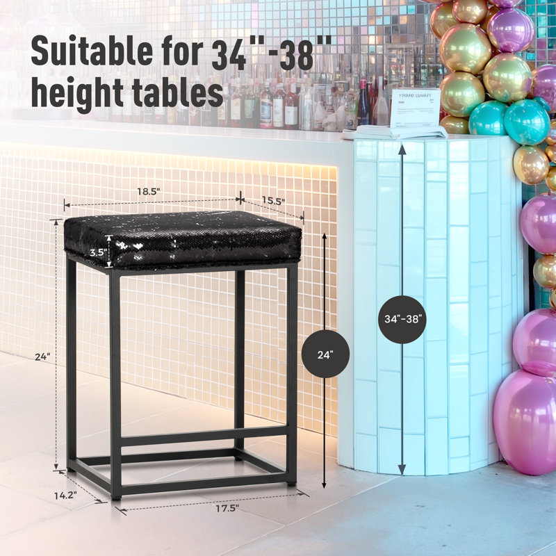 Tuckerman Industrial Bar Stools Set - Rust Steel Frame with Foam Cushions & Anti-Slip Pads, Black/White Sequins, 3