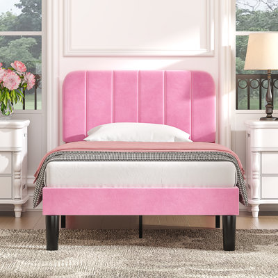 Twin Size Bed, Velvet Bed Frame with Vertical Channel Adjustable Headboard, Upholstered Platform Bed with Wood Slats, No Box Spring Needed, Easy Assembly