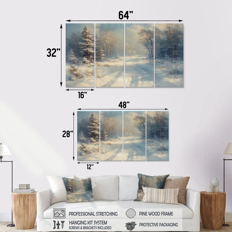 «White Winter Winter Road Into Forest I - Winter Landscape», ensemble d'art mural, H 32 po x l 64 po