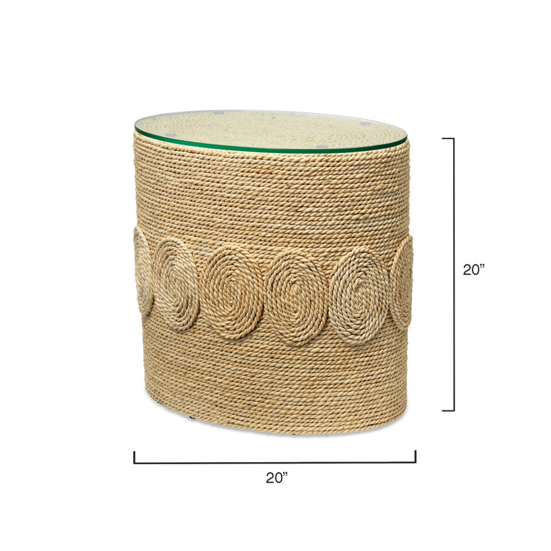 Hand-Woven Corn Straw Round Side Table with Glass Top