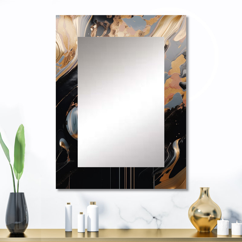 Gold And Black Marble Mirage III - Marble Decorative Mirror, Gold Wall Mirror, Printed Metal Art, 32" x 24"