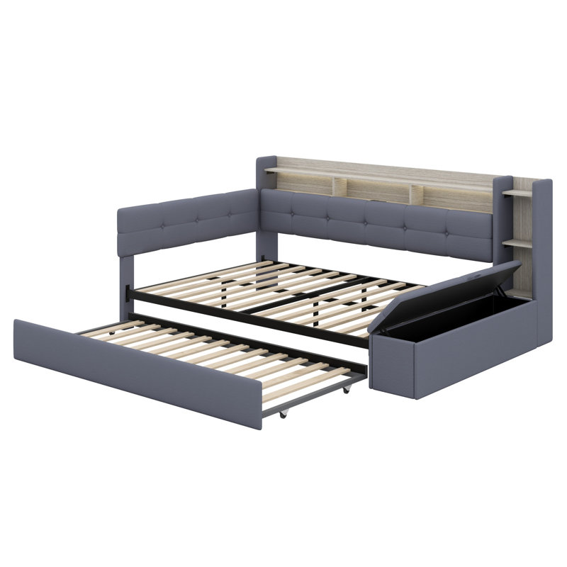 Daybed with Built-in Storage Footstool, Shelves,  Trundle, USB Charging and LED Lights, Grey