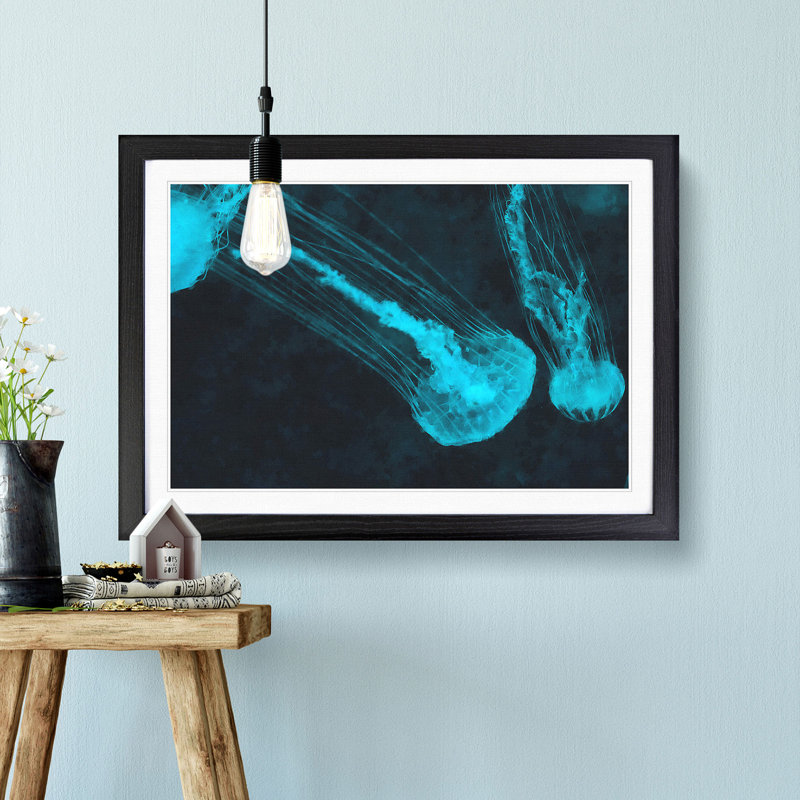 Neon Blue Jellyfish - Picture Frame Graphic Art Print, Black Framed, 24cm H x 33cm W x 2cm D