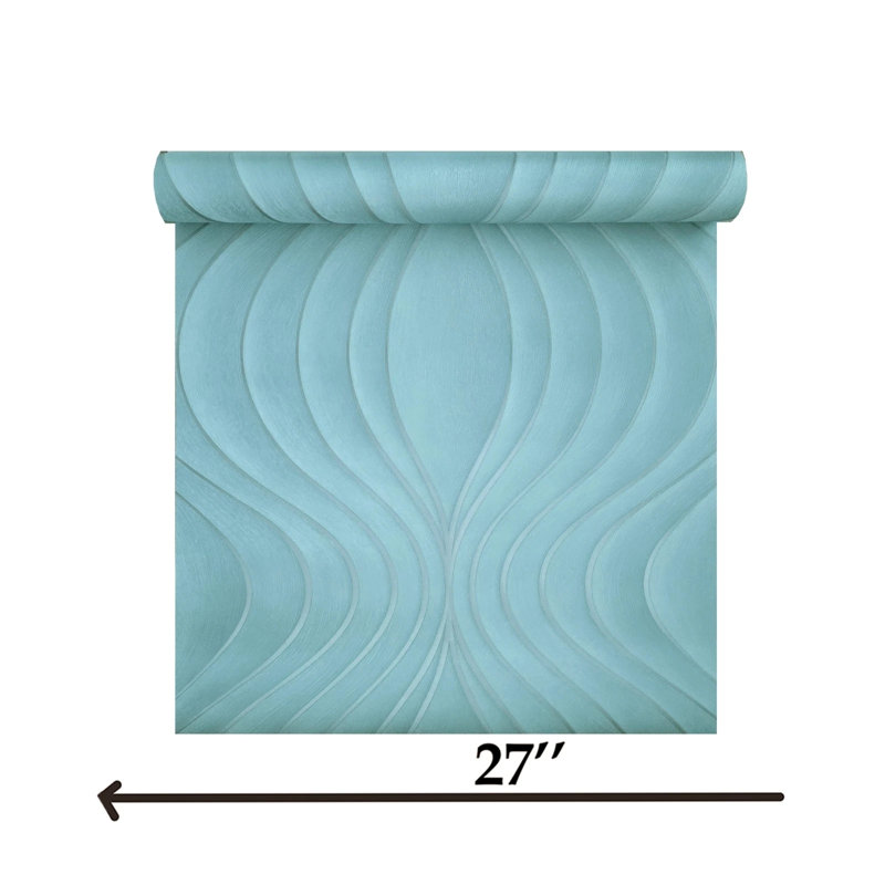 Papier peint texturé Ogee Wave Curves Lines bleu sarcelle bleu vert gris argenté
