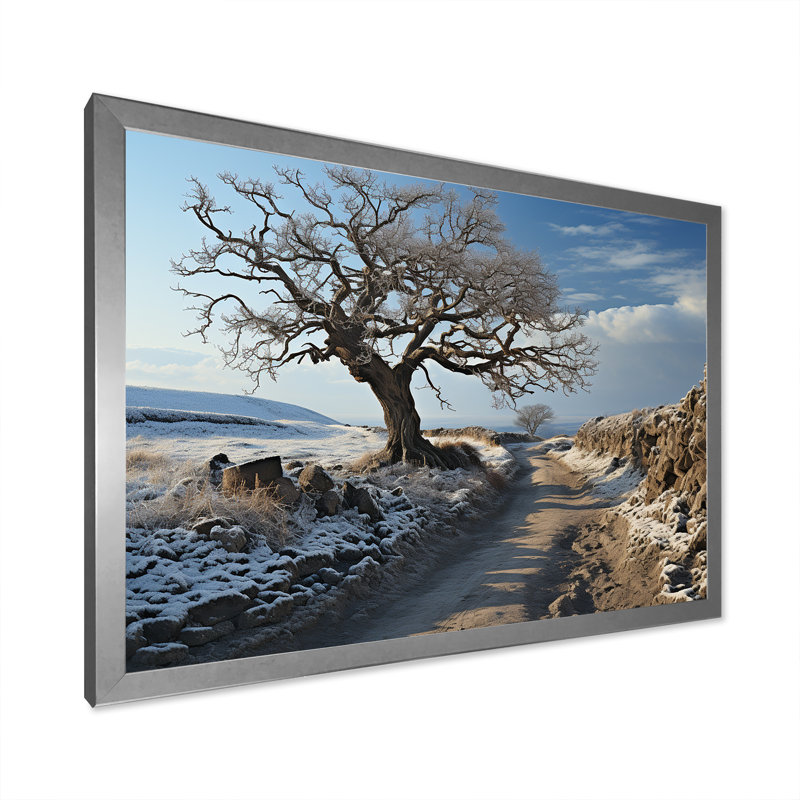 Paysage campagne d'hiver sur toile, Cadre simple argenté, H 16 po x l 32 po x P 1 po