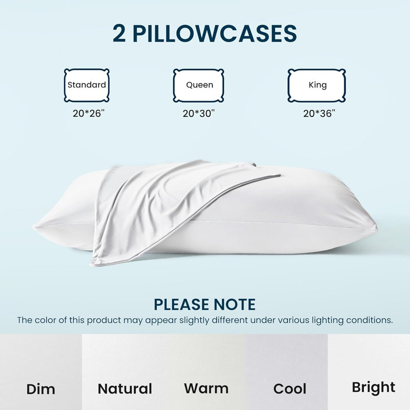 SLEEP ZONE Nanotex Cooling Pillowcases - 2 Pack, Silky Pillow Cases for Hair and Skin, Breathable Bedding for Summer and Hot Sleepers, Zippered Pillow Covers(White, King)
