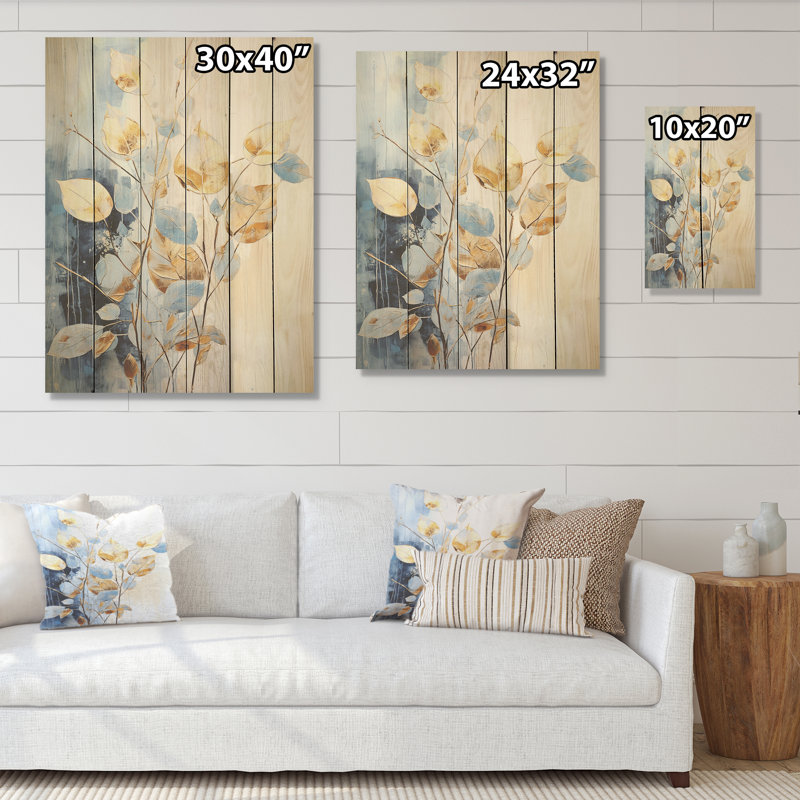 Délice de jardin gris et doré - Plantes, art sur bois de pin naturel, H 32 po x l 24 po