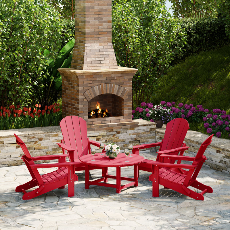 Laguna Outdoor 5-Piece Adirondack Chair With Round Coffee Table Conversation Set, Red
