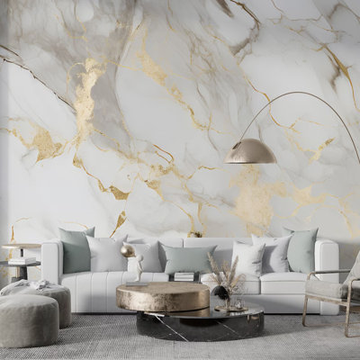 White And Gold Marble Effect Wall Mural With Soft Metallic Veining Elegant Luxury Abstract Stone Wallpaper For Living Room Bedroom Dining Room Accent Wall
