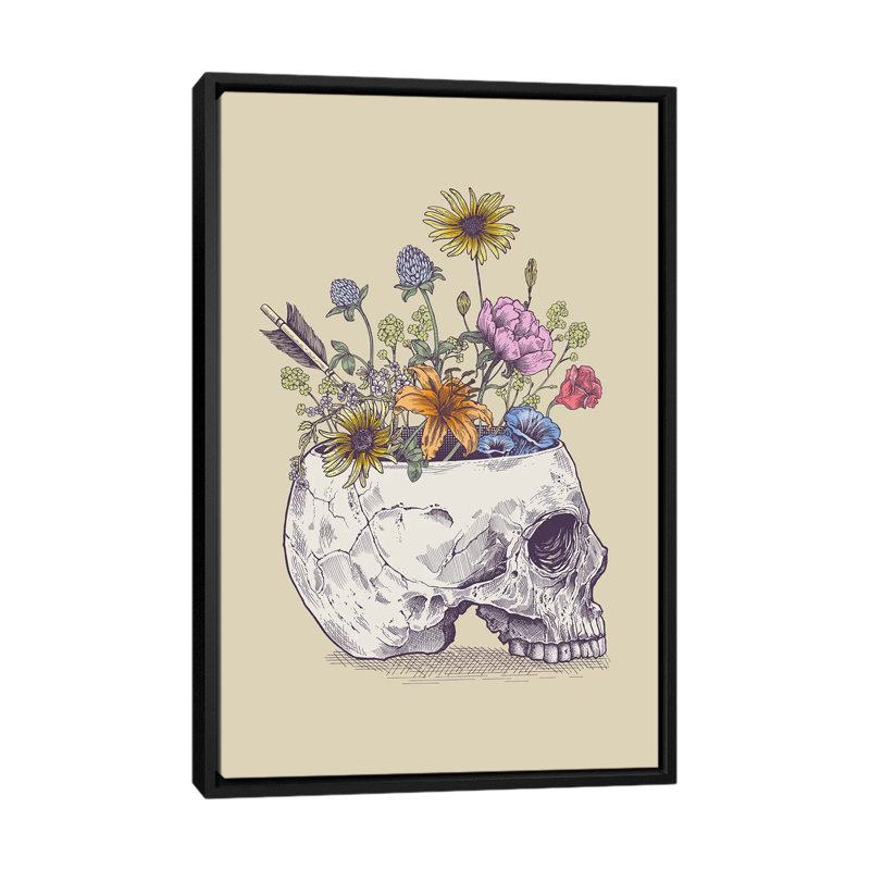 « half crâne floral », impression sur toile, H 26 po x l 18 po x P 1,5 po, Toile avec cadre noir, Pas de tapis