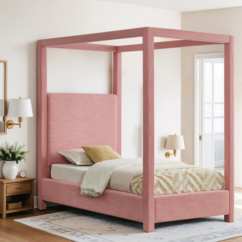 Bois massif Dunwich et plateforme rembourrée, Simple, Tissu texturé rose lin