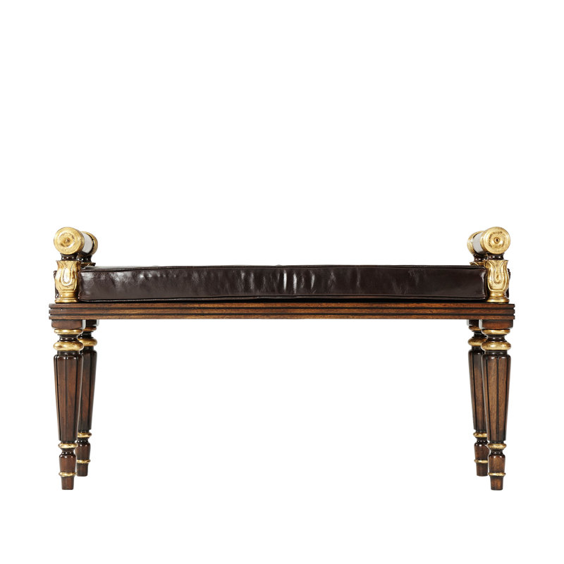 Theodore Alexander Mahogany and Leather Upholstered Bench