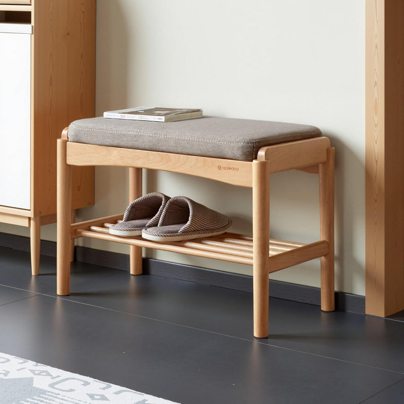 Assembled Solid Beech Upholstered Shoe Bench, 23.62"W, Natural Beech & Gray