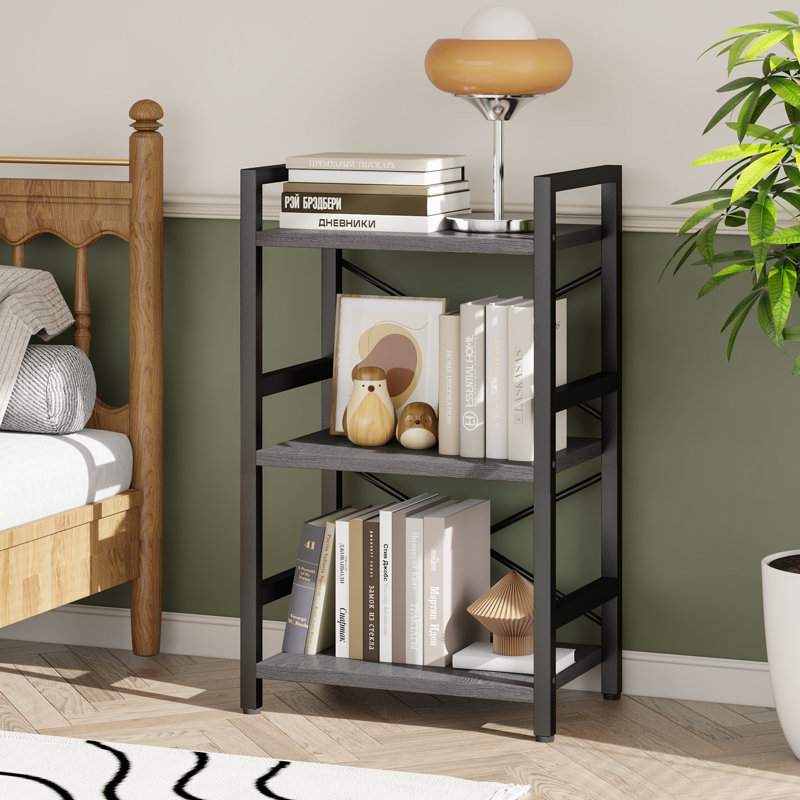 3 Tier Bookshelf, 3 Tier Industrial Bookcase, Metal Small Bookcase, Rustic Etagere Book Shelf Storage Organizer for Living Room, Bedroom, and Home Office(Rustic Brown)