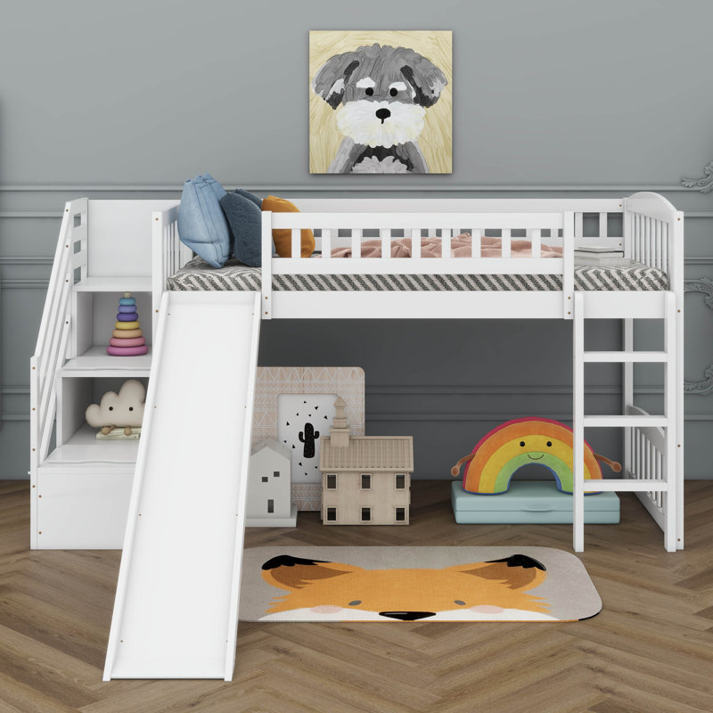 Lit mezzanine simple avec deux tiroirs et glissade Playful Stairway, Blanc