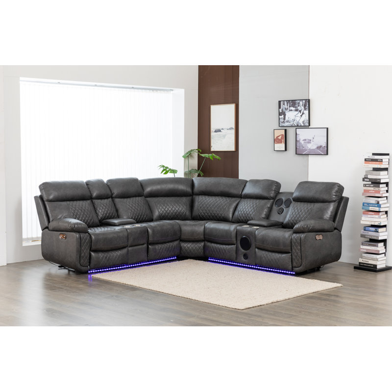 Palerem 98.5" Wide Vegan Leather Power Reclining Sectional with LED, USB and SubWoofer Sound System, Gray Faux Leather